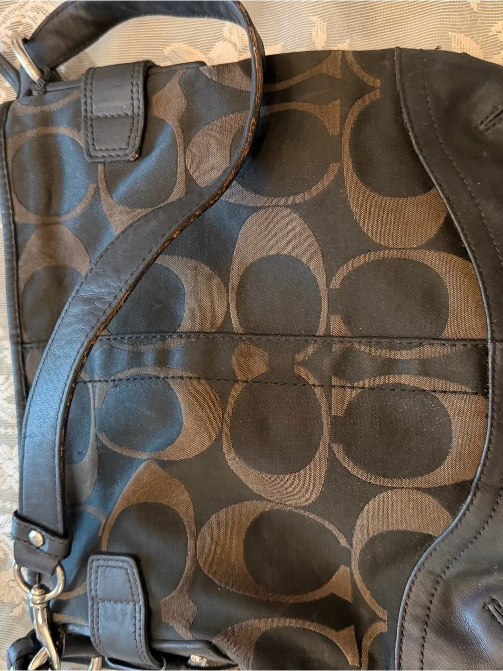 Coach Black and Brown Signature Canvas Shoulder Bag with Chain Accent